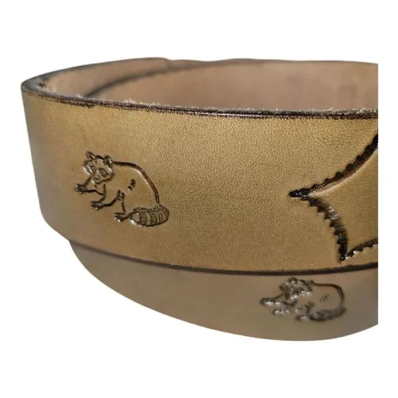 Vintage Bergamont brass works 1984 Raccoon imprinted leather belt and buckle